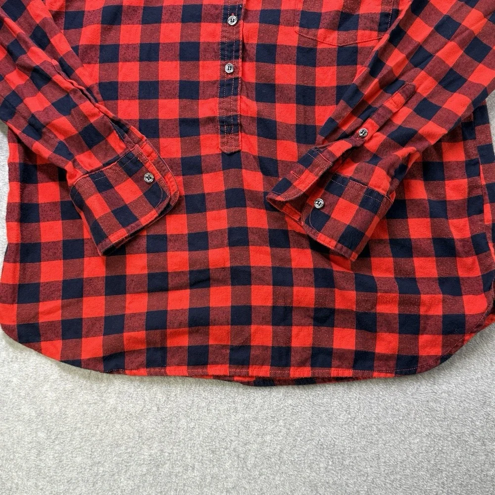 J‎ Crew Womens M Red Black Buffalo Plaid Flannel Collared 1/2 Button Shirt Top